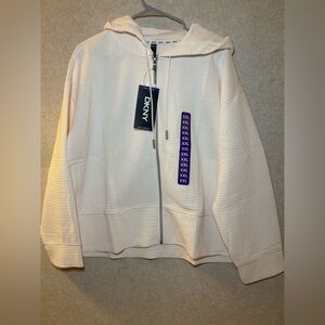 DKNY Women's Tech Ottoman Cream Ribbed Zip Up Jacket Hoodie,Size XXL,NWT